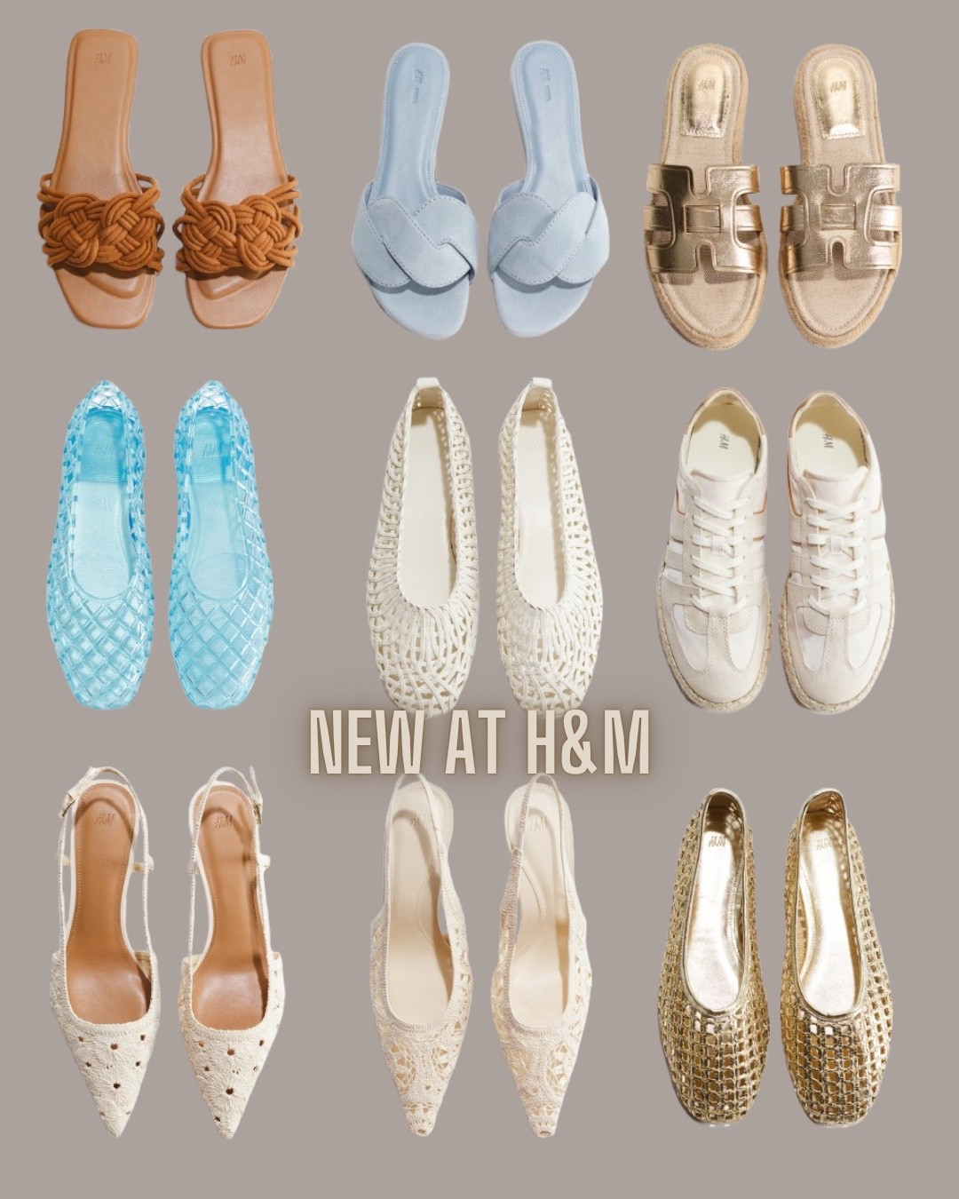 H&M fashion
Summer sandals
Ballet flats
Jelly flats
Slides
White sneakers
