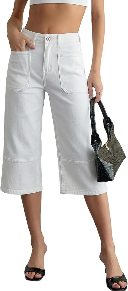 Sidefeel Women's Wide Leg Jeans High Waisted Stretchy Big Pockets Capri Denim Pants | Amazon (US)