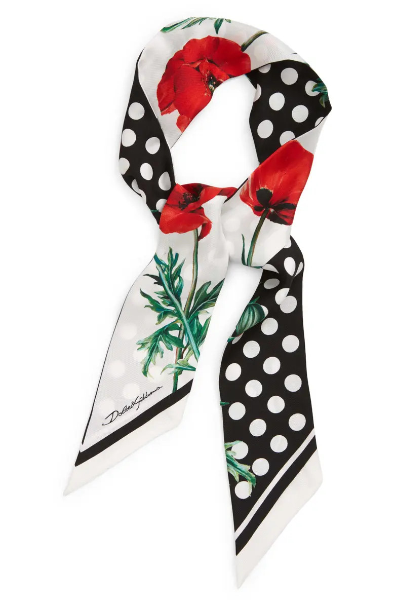 Dolce&Gabbana Polka Dot & Floral Print Silk Skinny Scarf | Nordstrom | Nordstrom