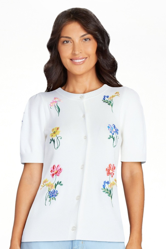 Free Assembly Women's and Women's Plus Embroidered Cardigan Sweater with Puff Sleeves, Lightweigh... | Walmart (US)