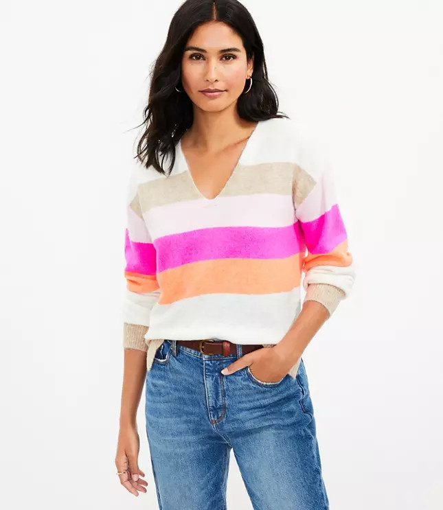 Striped Relaxed V-Neck Sweater | LOFT