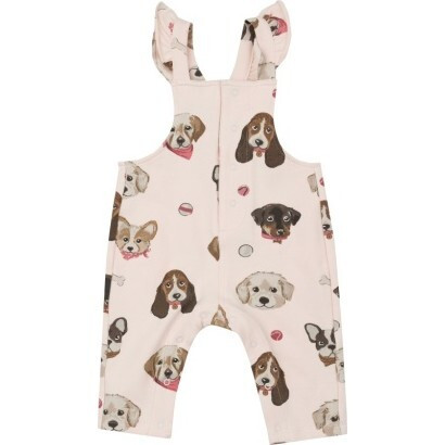 Angel Dear | French Terry Pretty Puppy Faces Front Placket Ruffle Overall, (Pink, Size 3-6M) | Maisonette | Maisonette
