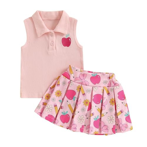 Dobeiokal Back to School Outfits for Girls First Day of School Outfit Sleeveless Shirt Top Pleated Skirt Set Cute Girls Back to School Clothes(C-Pink Apple,5-6 Years) | Amazon (US)