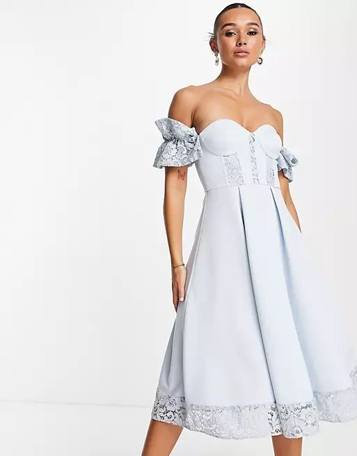 ASOS DESIGN ruffle sleeve lace Bardot midi prom dress in dusky bluewindow.asos.performance.markAn... | ASOS (Global)