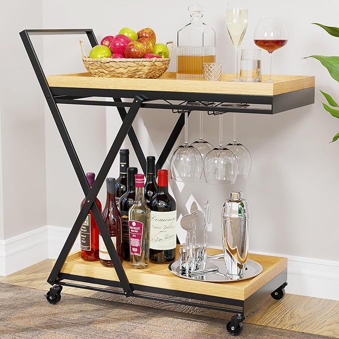 Rolling Bar Cart with Wheels, Black Bar Cart w/ Wooden Serving Trays, Collapsible Beverage Bar Ca... | Amazon (US)
