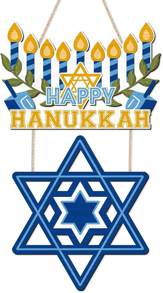 CHDITB Happy Hanukkah Shalom Front Door Sign(12"x20"), Wooden Jewish Festival of Light Blue Menor... | Amazon (US)
