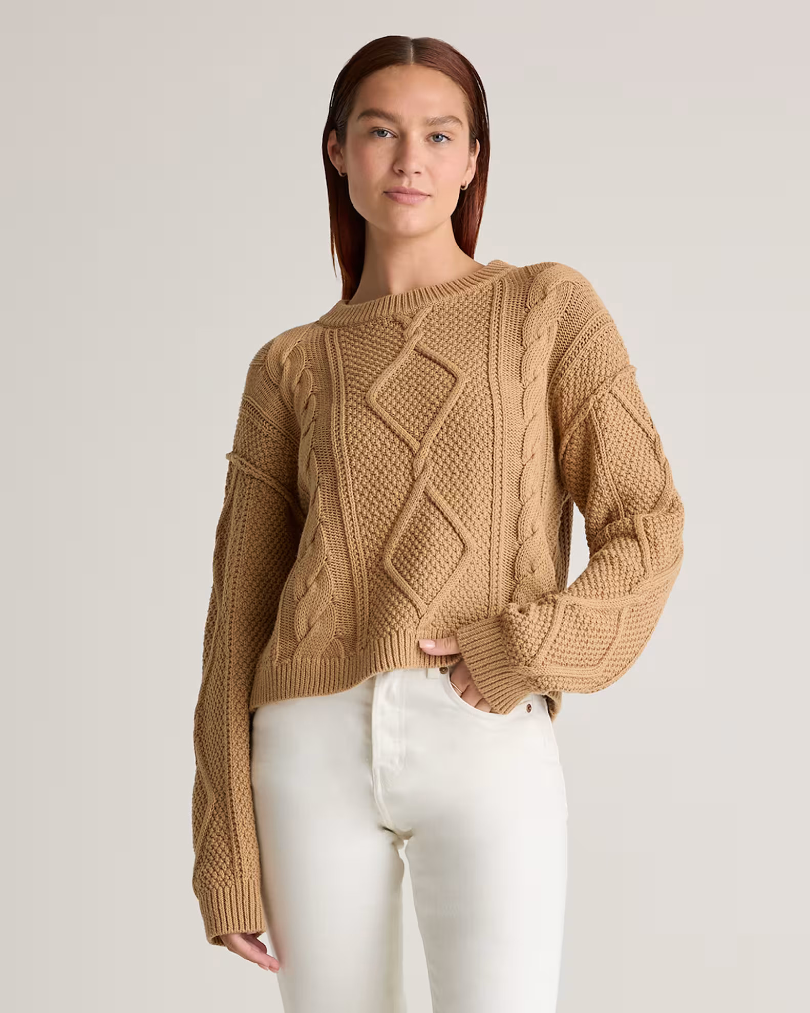 100% Organic Cotton Cropped Cable Sweater in Camel | Quince