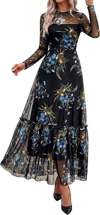 BTFBM Boho Mesh Long Sleeve Dress for Women | Mock Neck, Floral, A Line, Tiered, Baby Shower, Gra... | Amazon (US)