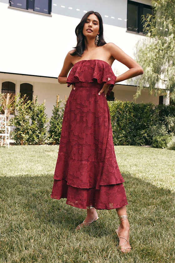 Love You So Truly Burgundy Burnout Floral Strapless Midi Dress | Lulus (US)