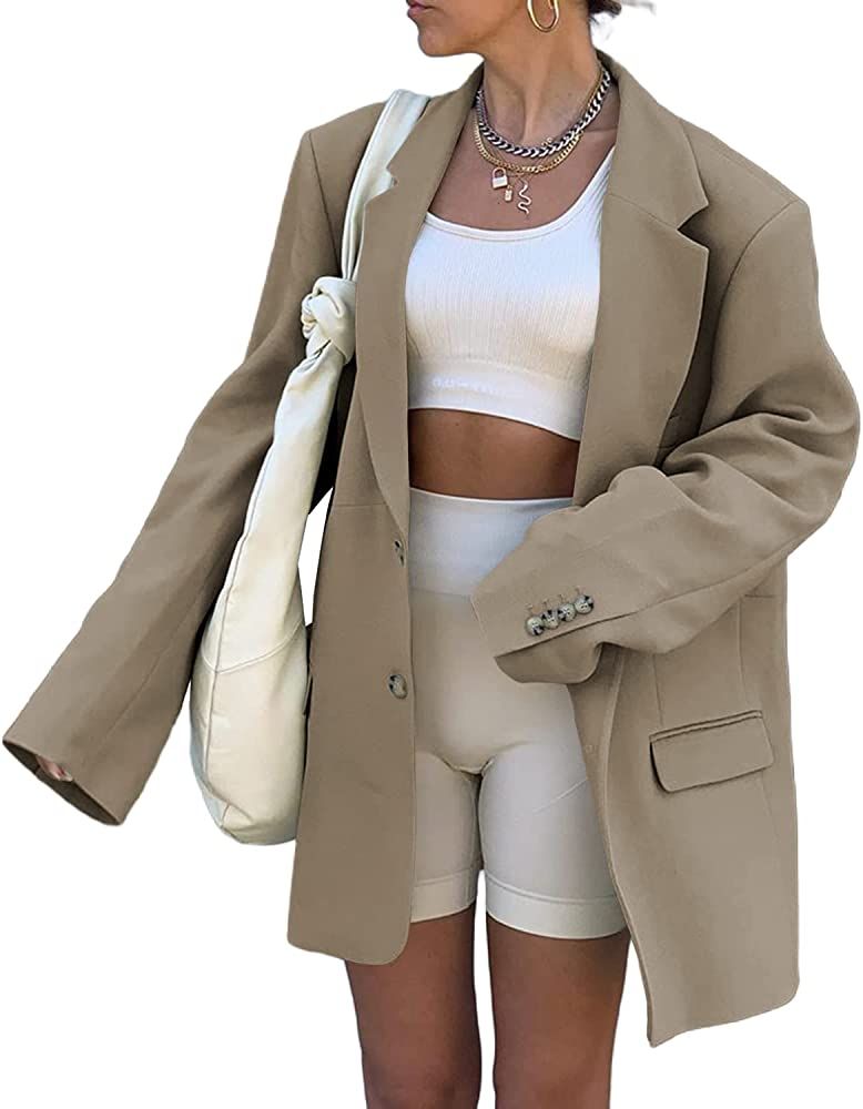 Grlasen Women Casual Elegant Long Sleeve Oversized Lapel Blazers Open Front Solid Work Office Jacket | Amazon (US)
