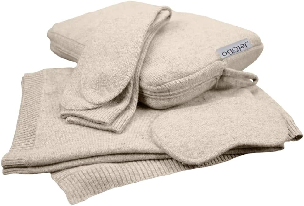 Jet&Bo 100% Pure Cashmere Travel Set: Blanket, Eye Mask, Socks, Carry/Pillow Case Natural | Amazon (US)