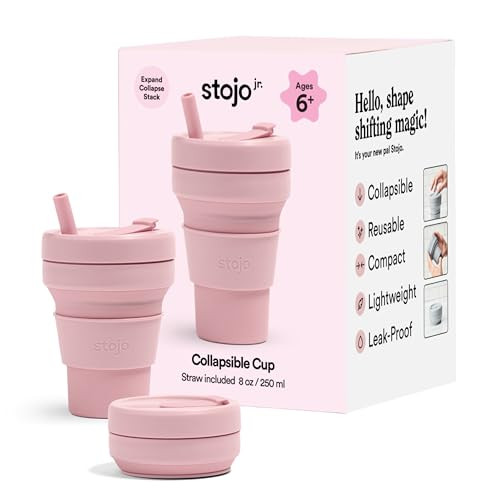 STOJO Jr Collapsible Travel Cup with Straw for Kids - Carnation Pink, 8oz / 250ml - Leak-Proof Reusable To-Go Pocket Size Silicone Bottle for Hot & Cold Drinks - Camping & Hiking - Dishwasher Safe | Amazon (US)