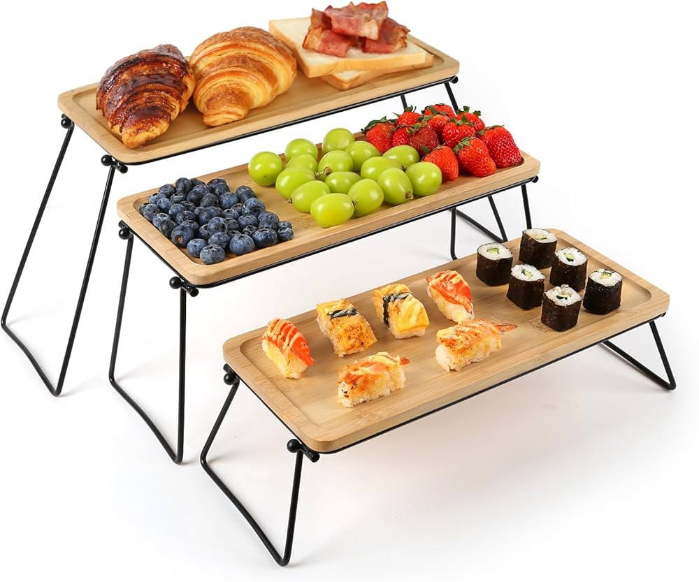 Tiered Serving Tray Bamboo,3 Tier Serving Tray Set,6x14 Inch Dessert Table Display Set with Colla... | Amazon (US)
