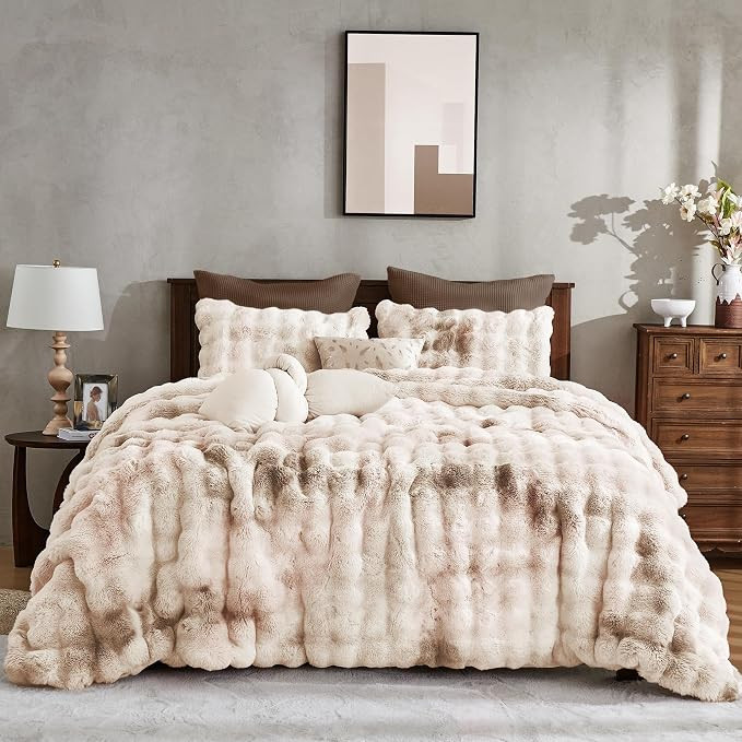 Wonderful 3 Pieces Fluffy Faux Rabbit Fur Bubble Comforter Set King Size, Tie-Dyeing Beige Plush ... | Amazon (US)