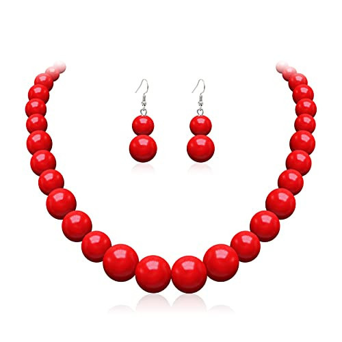 Cryshimmer Pearl Choker Necklace for Women Faux Pearl Beads Strand Necklace Earring Set Costume Jewelry (Red-1) | Amazon (US)