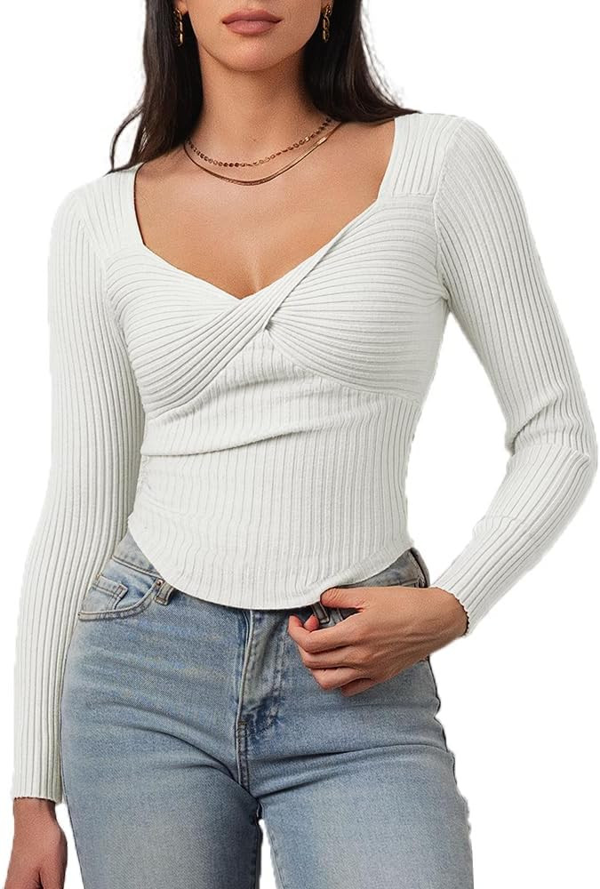 CHYRII Womens Sexy Fall Fashion Twisted Tops Ribbed Knit Winter Pullover Sweater Going Out Crop T... | Amazon (US)