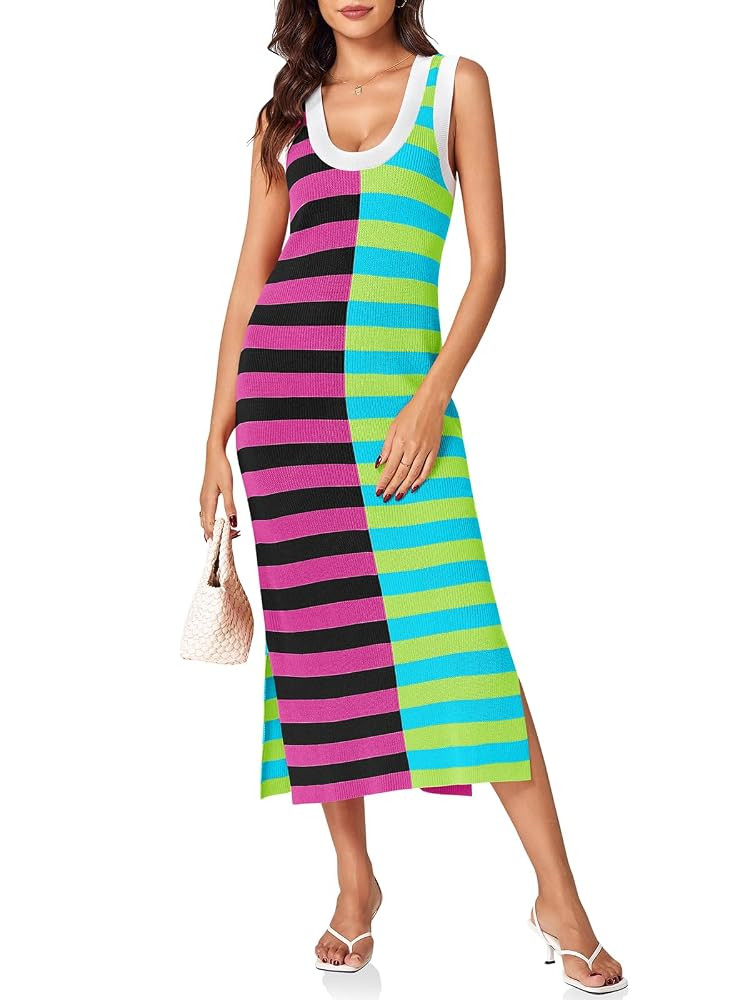 Wenrine Womens Summer Striped Dress Sleeveless Knitted Contrast Color Side Slit Casual Maxi Beach... | Amazon (US)