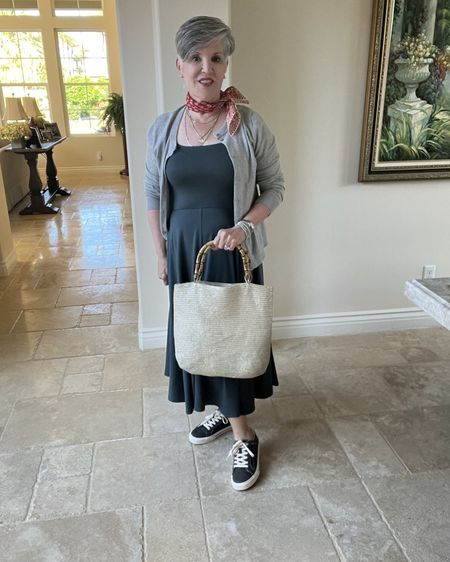 Quince Tencel fit and flare dress (s) with a grey cardigan (m), grey Taos sneakers 👟 and a Madewell bandana.

#stylebook
#stylebible
#stylefashion
#outfitshot
#styleaddict
#jcrewfactory 
#nordstrom
#macysstylecrew
#talbotsofficial 
#jjillstyle
#getreadywithme 
#styletips
#grwm
#styleblogger
#springfashion
#casualandchic 
#ltkover40
#ltkover50
#ltkspring
#ltkshoecrush
#ltkitbag
#nudeshoes

#LTKxMadewell #LTKstyletip #LTKfindsunder50