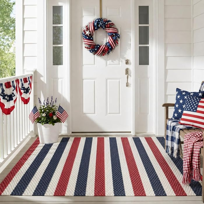 3x5ft Patriotic Outdoor Rug Waterproof Plastic Straw Patio Mat Reversible Red White and Blue Stri... | Amazon (US)