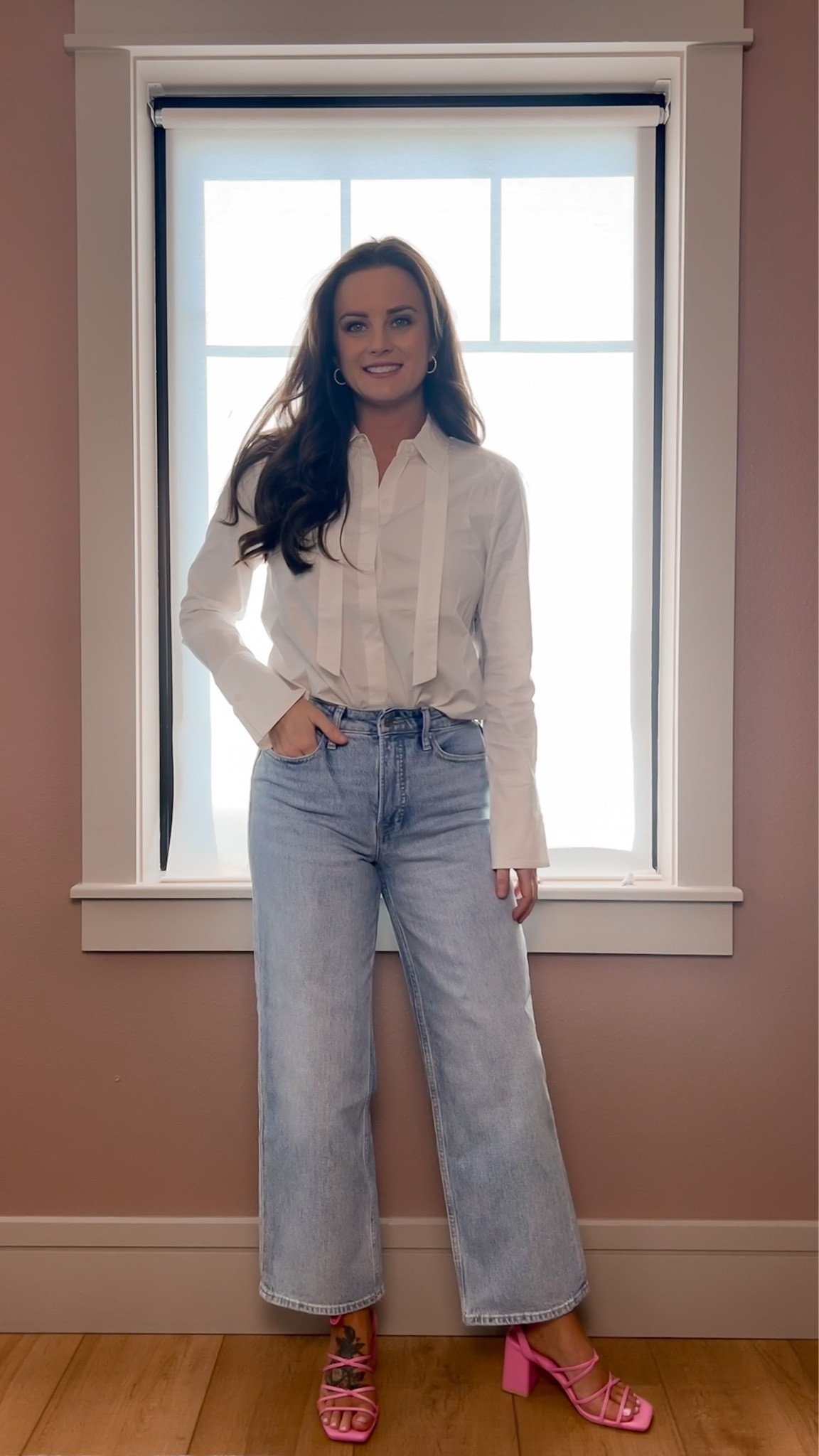 WalMart work casual outfit. Pink heeled sandals, jeans, white blouse, affordable fashion 

#LTKstyletip #LTKunder50 #LTKFind