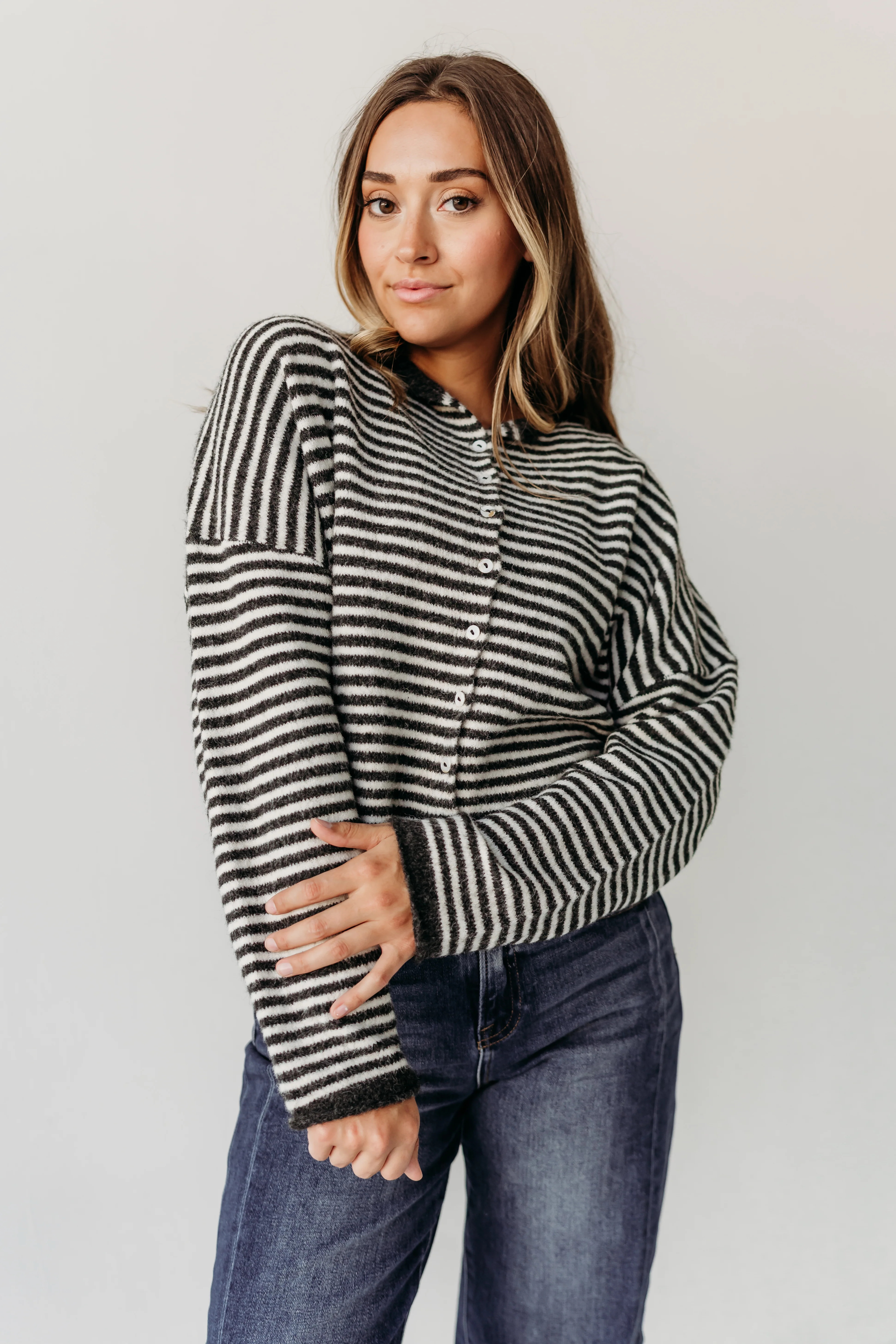 THE CAMPBELL CARDIGAN IN CHARCOAL STRIPE | Pink Desert