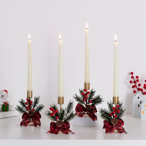 Romadedi Candle Holders Christmas Decor: Gold Candlestick Holder for Taper with Red Berry Decoration for Table Centerpiece Festive Xmas Ornaments Mantel Home, Set of 2 | Amazon (US)