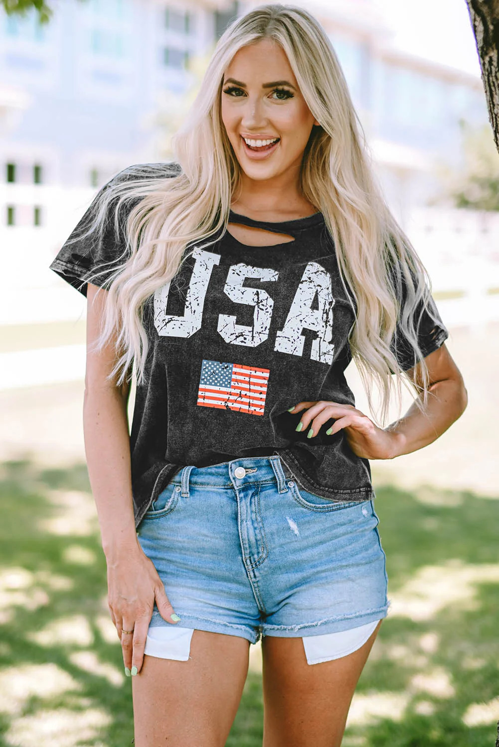 USA Cutout Round Neck Short Sleeve T-Shirt | Black / S | Casual Chic Boutique