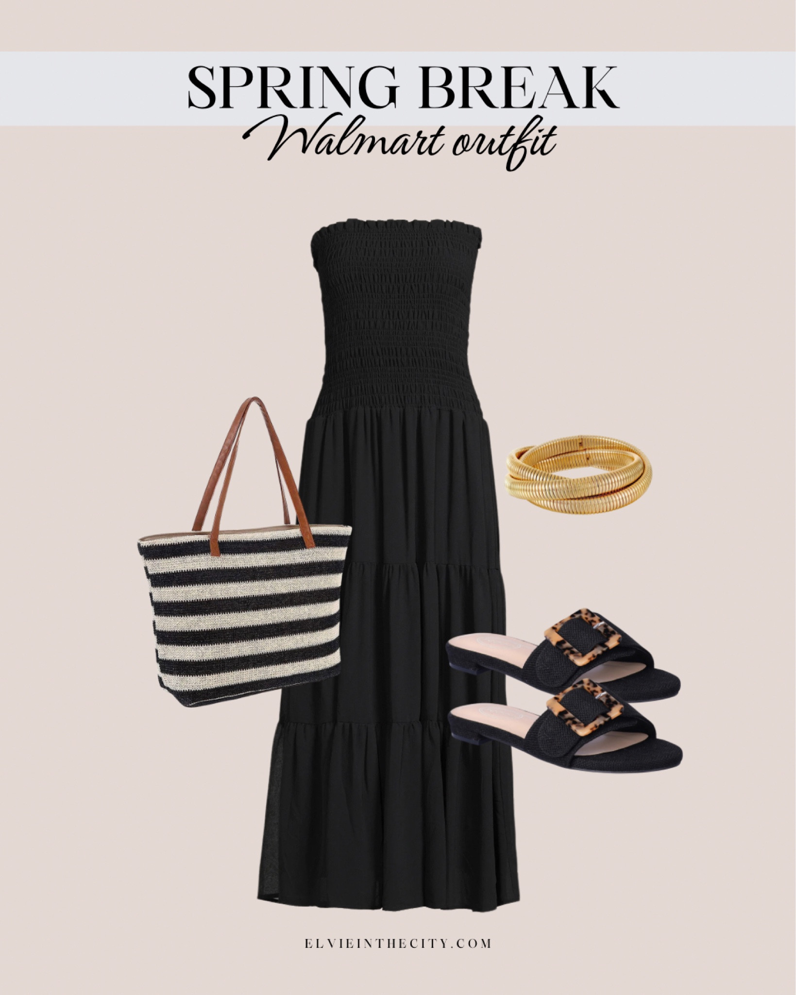 This spring break outfit from Walmart includes a black strapless maxi dress paired with a gold bracelet, black and white striped tote bag, and black sandals with a tortoise shell buckle. 

Ootd, spring outfit, sundress, resort wear, fashion over 40, Walmart fashion 

#LTKshoecrush #LTKfindsunder50 #LTKstyletip