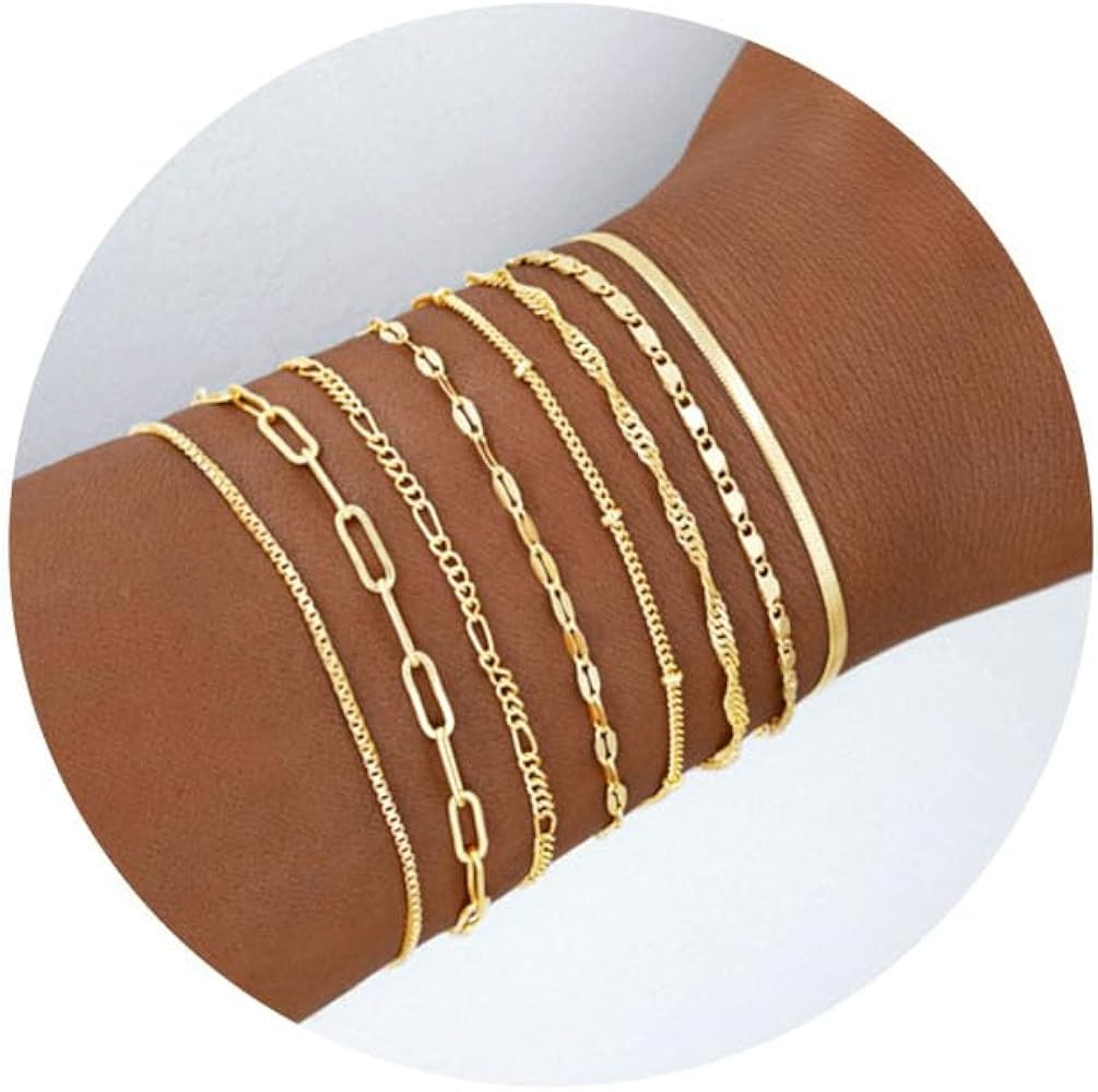 Amazon.com: Gold Bracelets for Women, 14K Gold Plated Dainty Bracelets Set, Layered Chain Silver ... | Amazon (US)