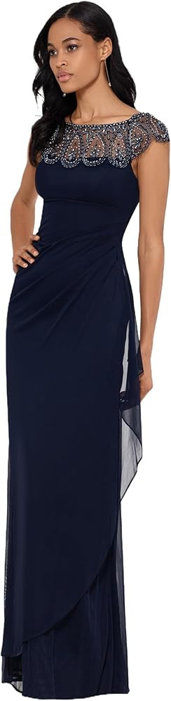 Xscape Women's Short Sleeve Beaded Illusion Neckline Ruched Gown | Amazon (US)