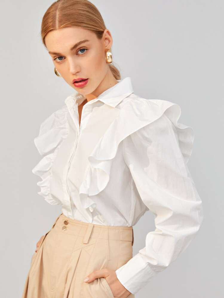 SHEIN Ruffle Trim Solid Blouse | SHEIN