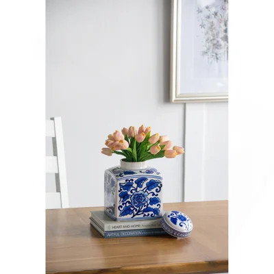 5x5x8" Hand Painted Square Canister, Blue and White Floral Pattern | Wayfair North America