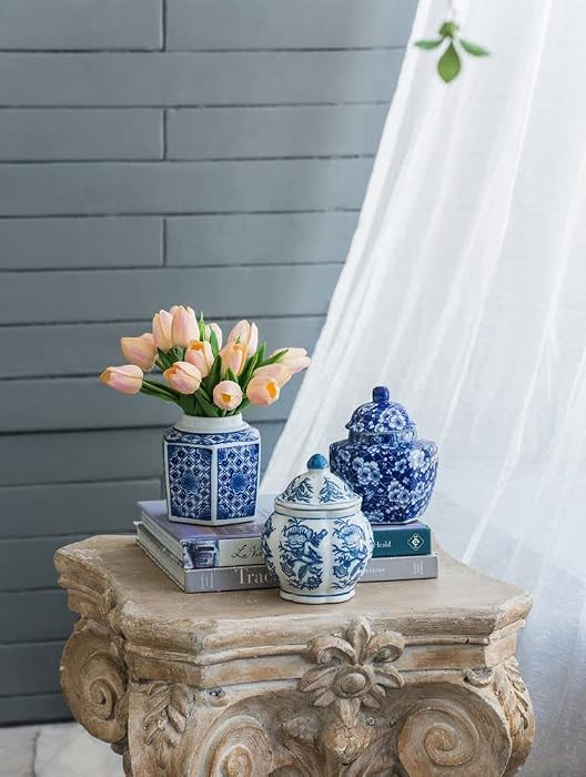 T2 Concept Set of 3 Oriental Decorative Blue and White 100% Porcelain Ginger Jar Lidded Floral Pa... | Amazon (US)