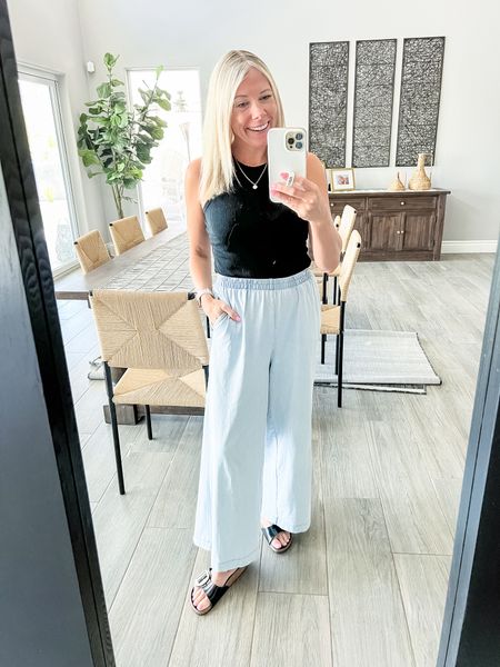 Love these blue wide leg pants with a black tank and black Birkenstocks. Small pants and tank. 38 sandals  

#LTKSeasonal #LTKStyleTip #LTKOver40