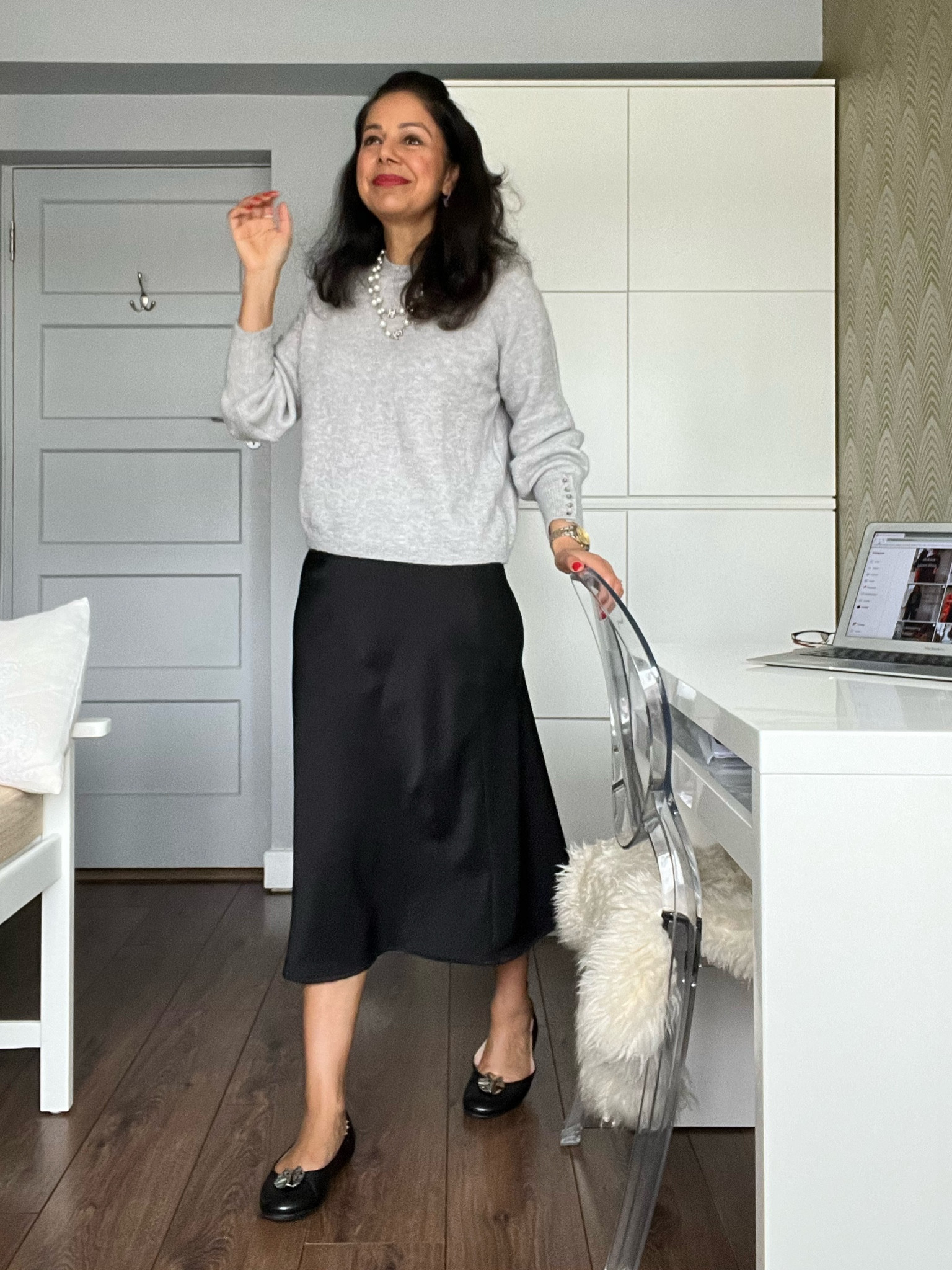 Sezane, grey jumper, black satin skirt, slip skirt, ballet pumps, black shoes, spring style. All items true to size, wool jumper, fit flop, Chanel, transitional outfit, spring outfit, black flats, shoe clips, crew neck sweater, crew neck jumper.

#LTKSeasonal #LTKstyletip #LTKeurope