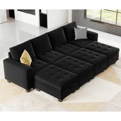 Shavera 7 - Piece Velvet Sectional Sofa Convertible Sleeper Sofa Bed Apartment Couch with Storage Ottomans | Wayfair North America