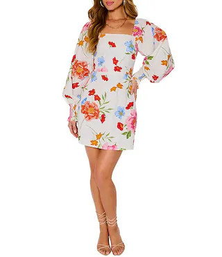 Cotton Floral Square Neck Puff Long Sleeve Mini Dress | Dillard's