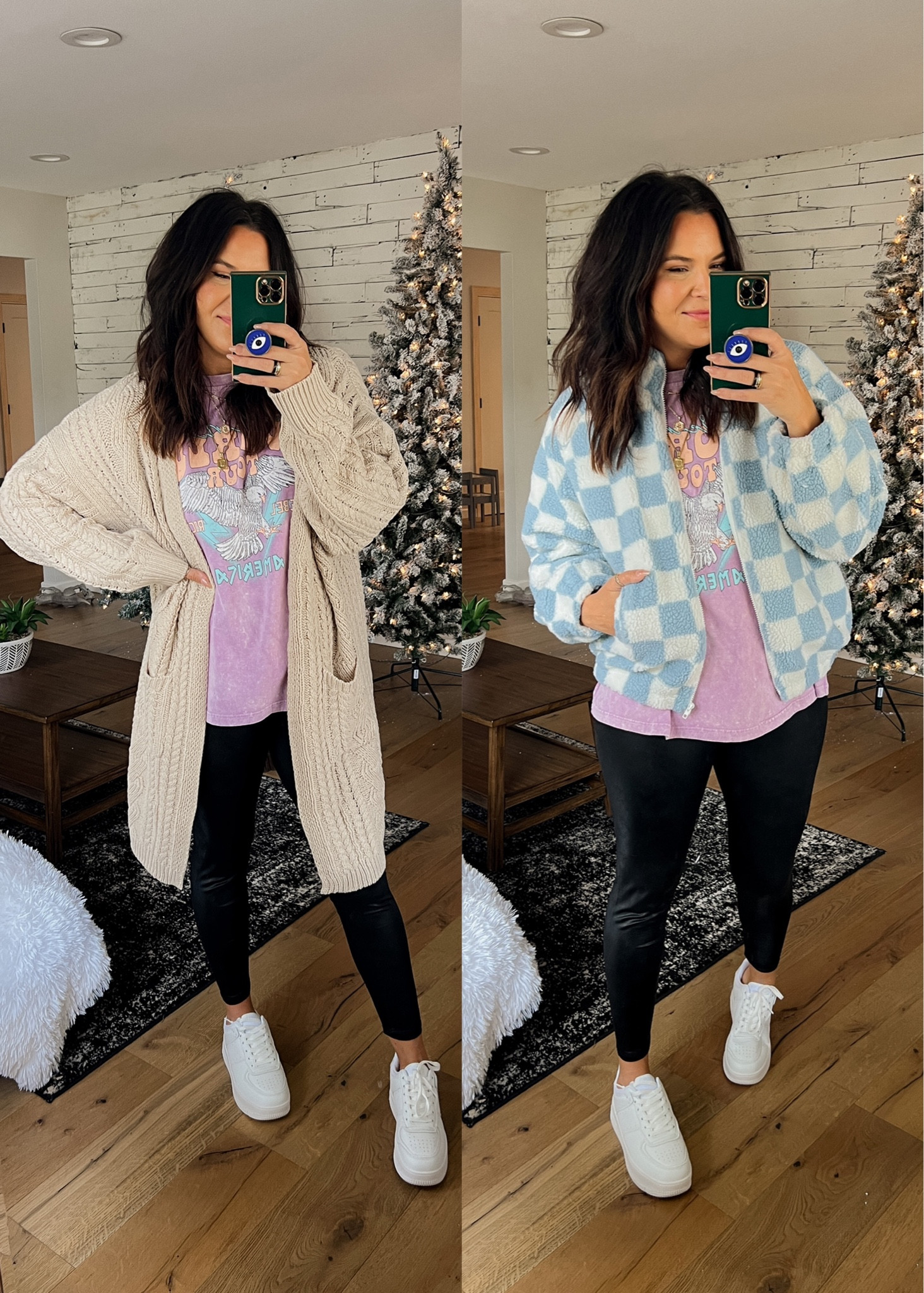 Graphic Tee: Large
Cardigan: Large
Sherpa jacket: Large
Leggings: Large
Shoes: TTS