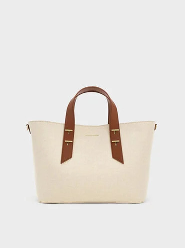 Chocolate Canvas Metallic-Accent Double Handle Bag | CHARLES & KEITH | Charles & Keith EU