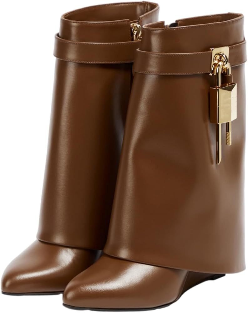 CORNMOOD Women Fold Over Wide Mid-calf Boots Platform Wedge Heel Round Toe Faux Leather Pull On S... | Amazon (US)