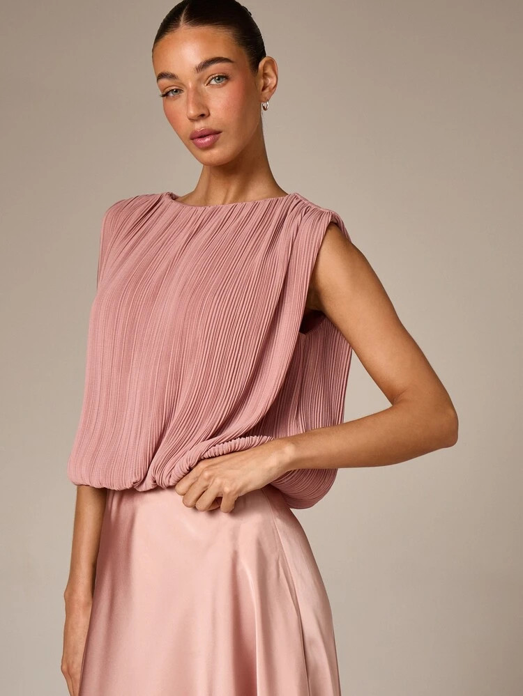 AiiRZ Women's Pleated Sleeveless Blouse Dusty Rose Crew Neck Tank Top For Summer Spring Casual El... | SHEIN