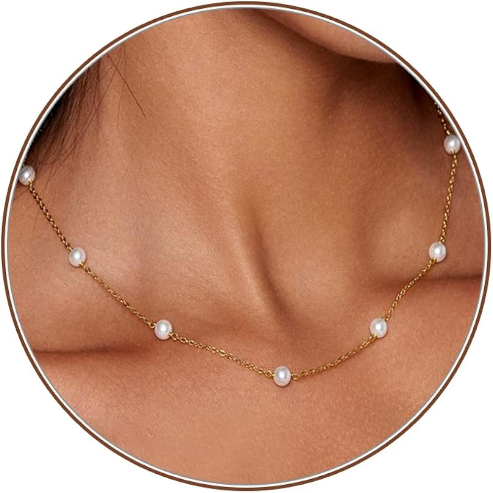 HERIER Pearl Choker Necklace for Women 14K Gold Plated Dainty Small Pearl Necklaces Adjustable Ch... | Amazon (US)