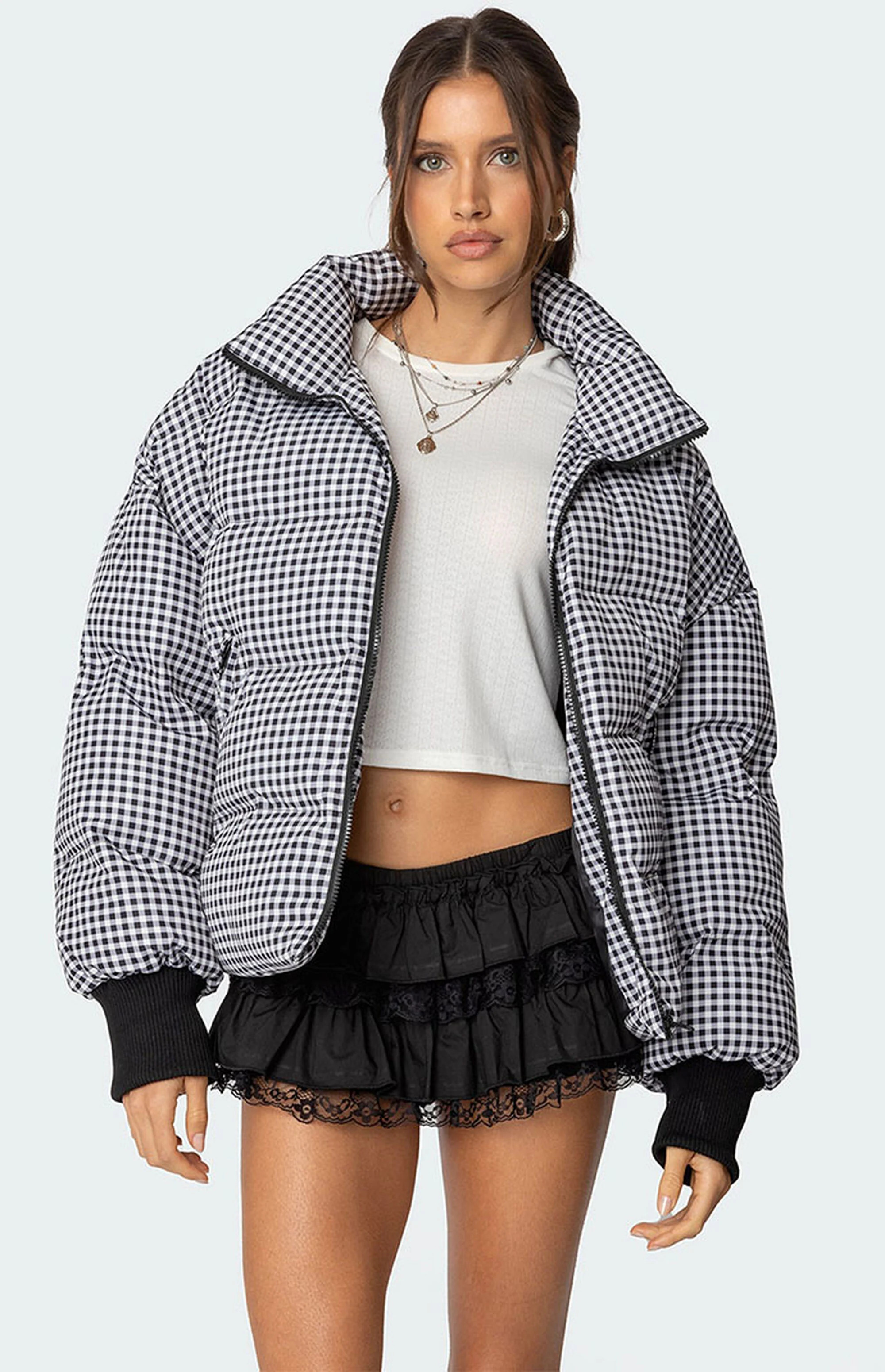 Edikted Women's Oversized Gingham Puffer in Black/White - Size XL | PacSun
