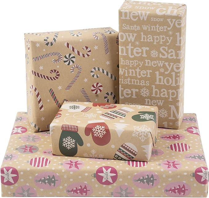 BIOBROWN Christmas Wrapping Paper Sheet with Gift Tags, Christmas Glove Design, Kraft Wrapping Pa... | Amazon (US)