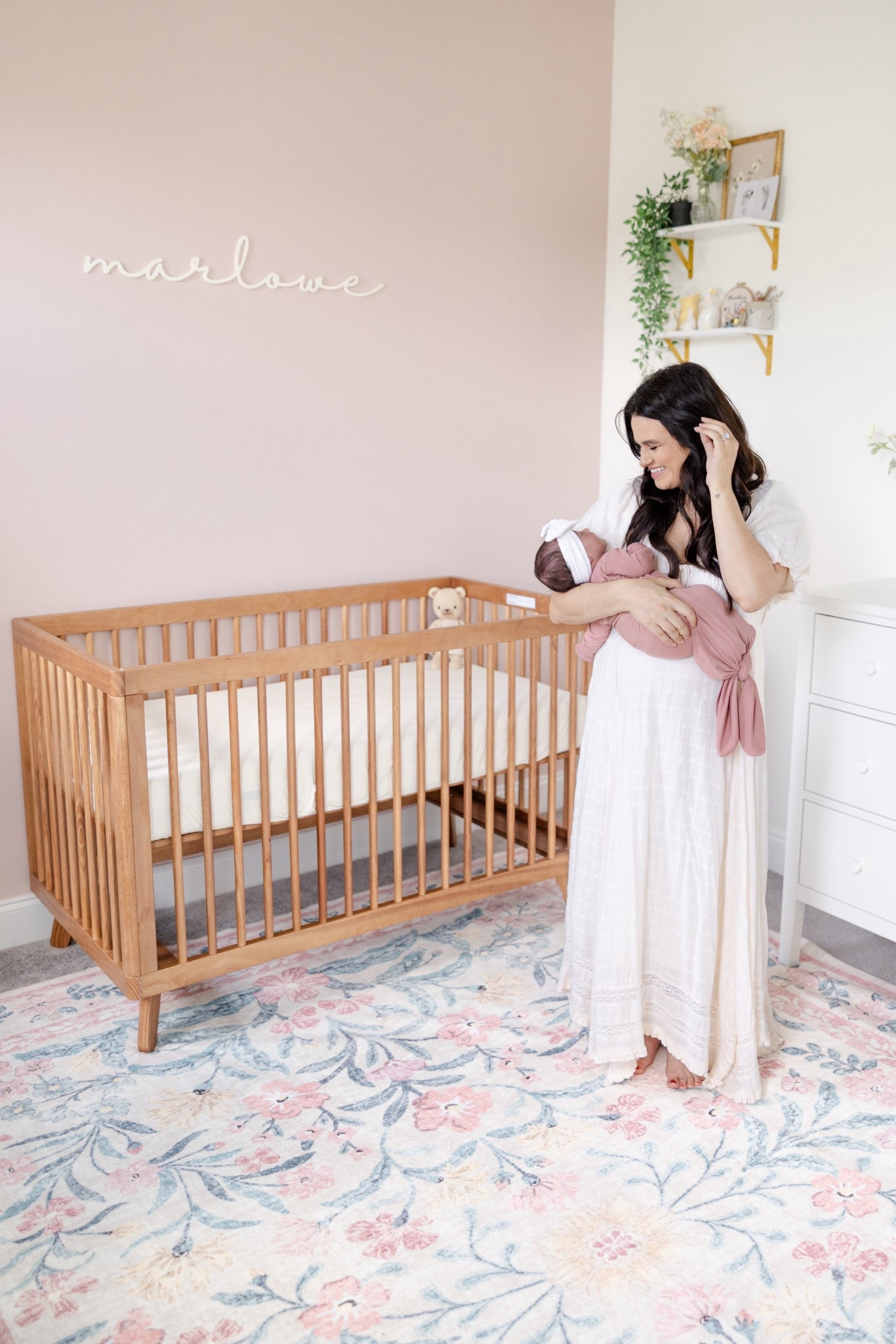 Paint colors:
Pink - Pale Cherry Blossom by Benjamin Moore
White - Simply White by Benjamin Moore

Her crib is the Nestig Willow Crib and her dresser is from IKEA! Her name sign from Etsy is size large - 35" in the font whimsical and the raw DIY finish and then we painted it the same color as the white walls in her room!

#LTKHome #LTKFindsUnder100 #LTKBaby