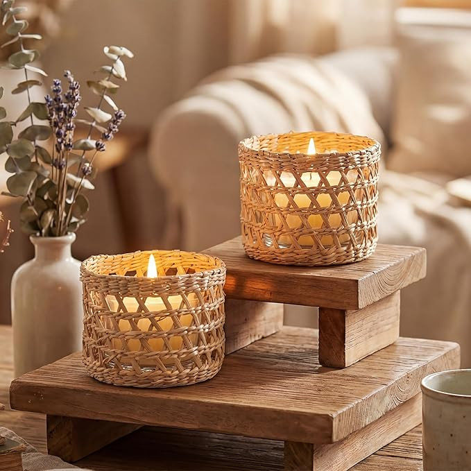 2 Pack Wicker Rattan Woven Tea Light Candle Holder Kit Rustic Handcraft Rattan Woven Candle Holde... | Amazon (US)
