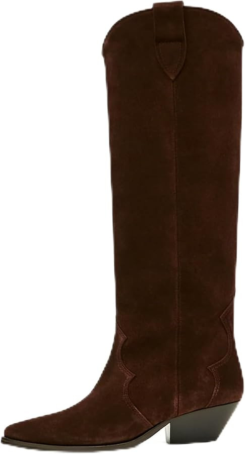 Suede Cowboy Boots for Women Pointed Toe Cowgirl Knee High Boots Chunky Heels Tall Boot Dressy Pu... | Amazon (US)