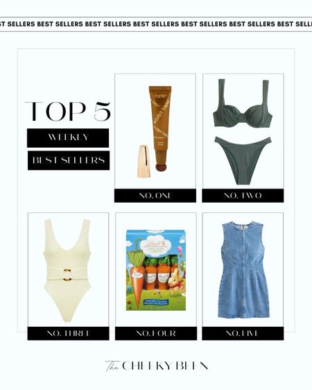 Top 5 weekly best sellers! I love this Tarte sculpt tape for contour. This Abercrombie bikini is perfect for your next vacation or pool day. This chic one piece is great if you're wanting more coverage. These Lindt chocolate carrots and a must have for Easter baskets. You guys are still loving this Abercrombie denim mini dress. 

#LTKstyletip #LTKbeauty #LTKSeasonal
