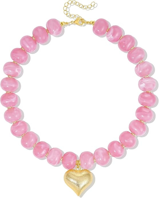 Chunky Resin Beaded Necklace for Women, 14K Gold Plated Brushed Puffy Heart Pendant Choker Summer... | Amazon (US)