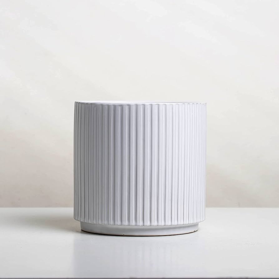 White Ceramic Planter Pot / 6" Dia. w/Drainage Hole/Indoor Outdoor Use/Ribbed Exterior | Amazon (US)